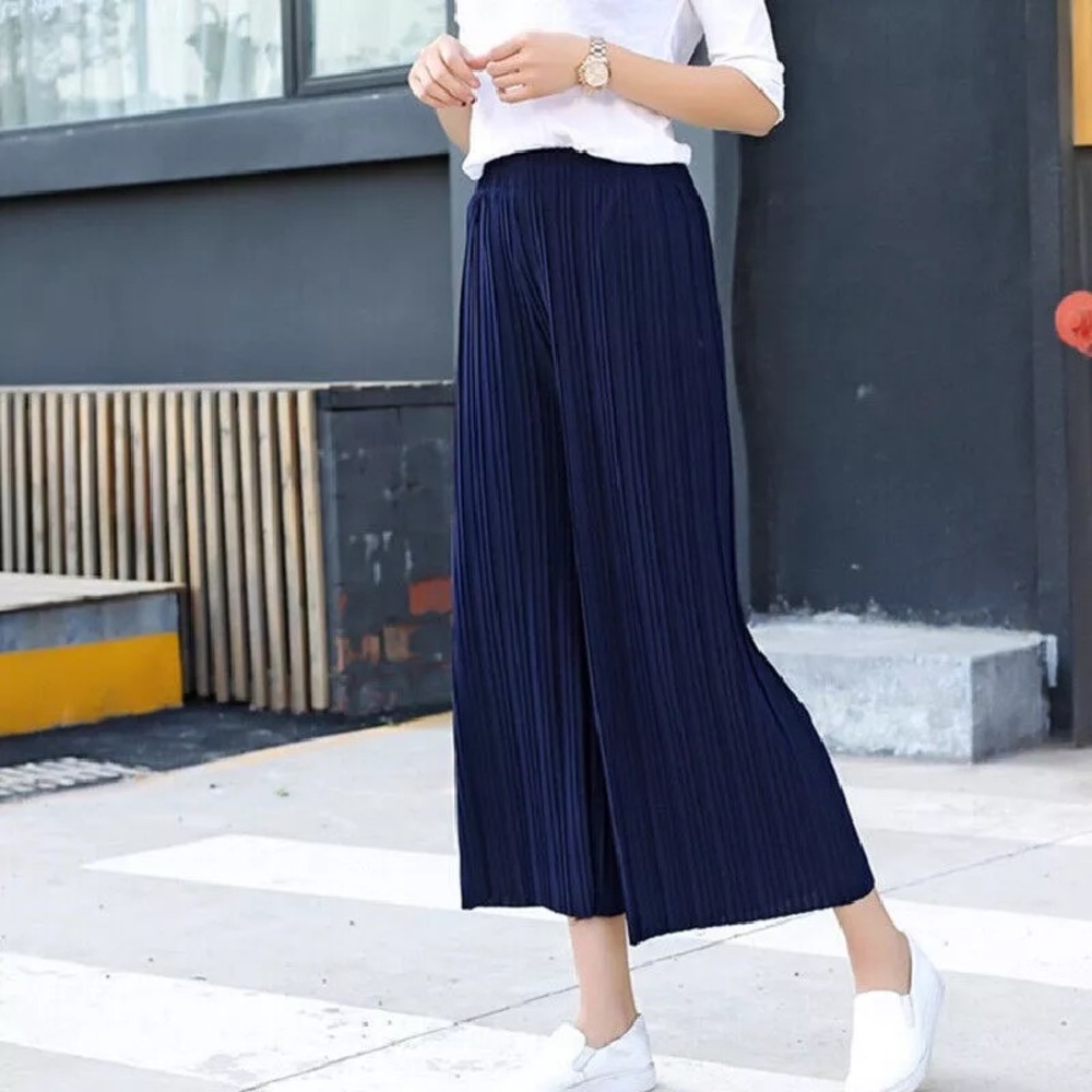 Dorothy Perkins Women's Navy High Elastic Waist Pleated Wide Leg Culotte Pants